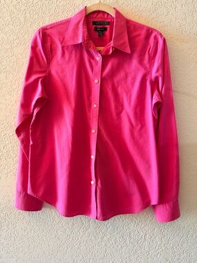 LAUREN RALPH LAUREN Pink Preppy Button Down Non Iron Women’s Collard Shirt Sz M